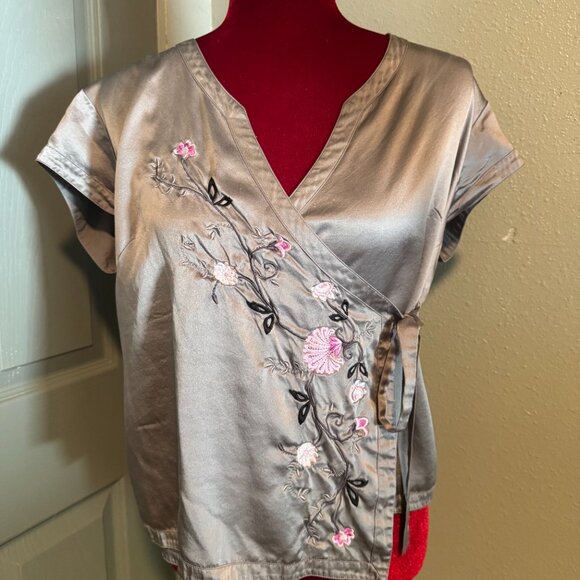 Kensie Silk Blouse Top SIlver Size 12 L - Picture 7 of 11